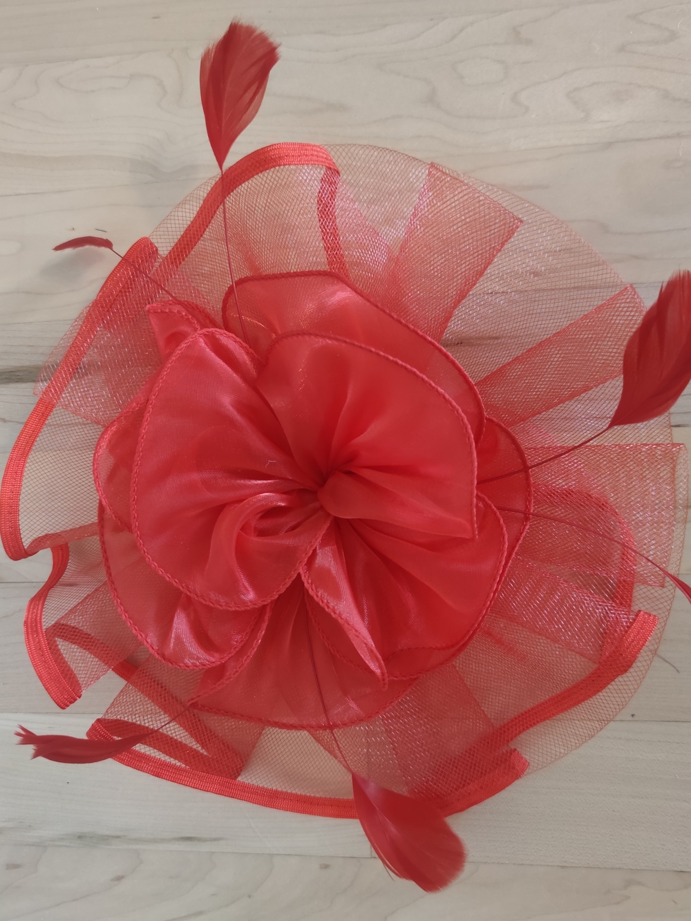 Red Floral Fascinator Hat with Feather Accents - Women Accessories